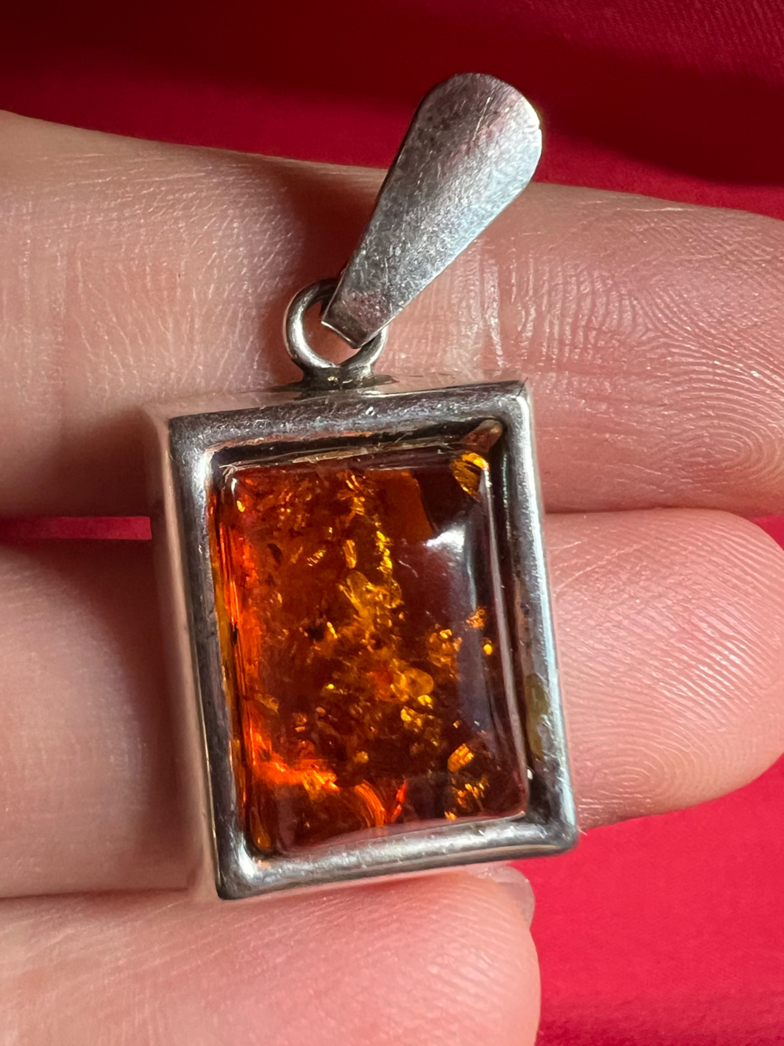 Sterling Silver Amber Rectangle Pendant In Deep Honey Amber